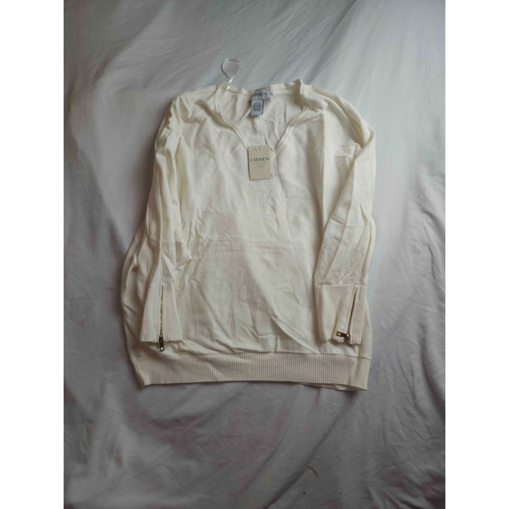 Carmen Marc Valvo Pullover Sweater Women Large White Knit V-Neck Long Sleeve NWT